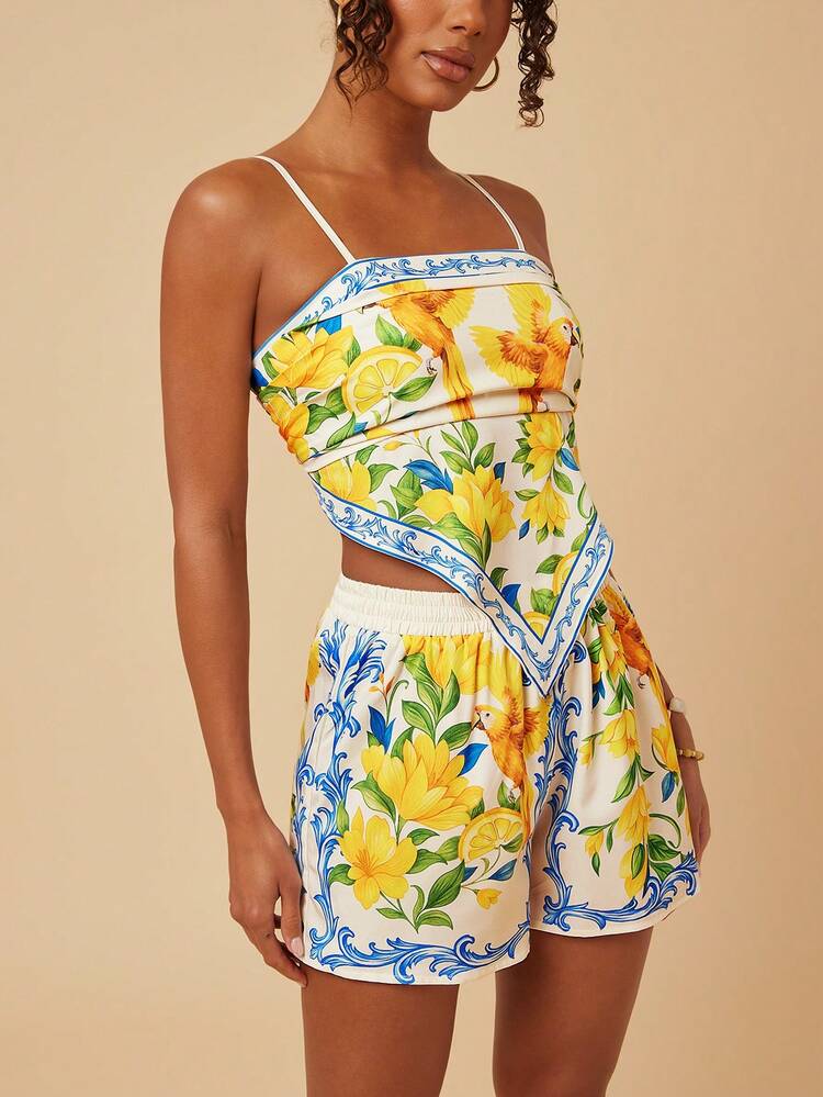 Travachic Women's Floral Print Asymmetric Hem Camisole And Shorts Casual 2 Pieces Set,Vacation Casual Terno Outfit For Women,Summer Holiday Outfits,Spring Break Outfits,Party Outfit,Beach Outfit,Spring Clothing,Valentine Outfits For Women,Carnival Costume,Elegant,Floral,Carnival,Spring To Summer ,Party ,Summer Set,Wedding Guest Set For Women,Birthday Set,Party Set,Elegant Set For Women,Floral Set,Summer Set,Carnival Costume, Mexican Style Set Women Boho Set For Women,Tropical,Bohemian,Ibiza,Western,Graduation Set, Graduation Outfit For Mother Summer Rompers For Women Vacation Romper Women Summer Dresses Short Vacation Dresses Short Love And Lemonade Dress - Multicolor - View 7