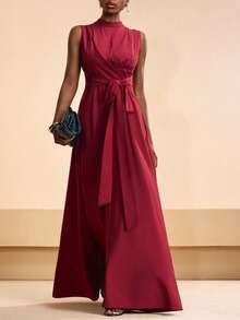 Zivah 2026 Spring & Summer New Arrival, Suitable For Valentine's Day, Wedding Season, Music Festival, Easter, Western Style, Nomadic Style, Bohemian, Nashville, Party, Wedding, Gala, Date, Gathering, Birthday, College Style, Student Wear, Daily Casual, Basic Versatile, Casual, Vacation, Cruise Travel, Beach, Sunbathing, Trending, Elegant, Commute, Business Casual, Small Stand Collar, Front Pleated, Waist Tie, Flowy, Fitted Long Dress, Wine Red Dress, Spring & Summer Dress, Party Dress, Elegant Dress, Women Dress - Burgundy - View 1