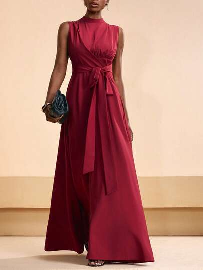 Zivah 2026 Spring & Summer New Arrival, Suitable For Valentine's Day, Wedding Season, Music Festival, Easter, Western Style, Nomadic Style, Bohemian, Nashville, Party, Wedding, Gala, Date, Gathering, Birthday, College Style, Student Wear, Daily Casual, Basic Versatile, Casual, Vacation, Cruise Travel, Beach, Sunbathing, Trending, Elegant, Commute, Business Casual, Small Stand Collar, Front Pleated, Waist Tie, Flowy, Fitted Long Dress, Wine Red Dress, Spring & Summer Dress, Party Dress, Elegant Dress, Women Dress