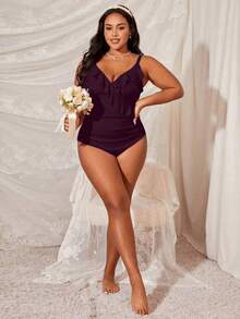 Swim Lushoire Áo camisole cỡ lớn, màu trơn, tối giản, thích hợp mặc hàng ngày, có bèo nhún và dây đeo. - Màu Đỏ Sâu - Xem 3