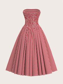 SHEIN PETITE 女士红色露肩格子舞会礼服 A 字无袖褶皱及踝正式晚礼服约会长裙太阳裙长款格纹连衣裙女士度假裙野餐裙,情人节 - 紅色 - 查看 3