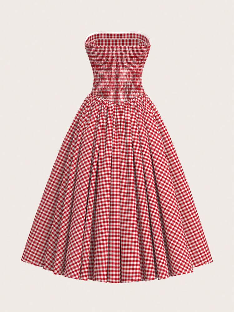 SHEIN PETITE Vestido formal de noche de línea A con hombros descubiertos a cuadros rojos, sin mangas, plisado, hasta el tobillo, para citas, vestido largo a cuadros, vestido de mujer para vacaciones, vestido de picnic, Día de San Valentín - Rojo - Añade 2