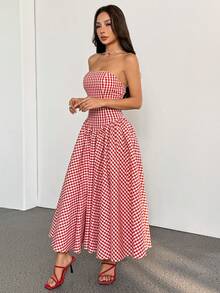 SHEIN PETITE 女士红色露肩格子舞会礼服 A 字无袖褶皱及踝正式晚礼服约会长裙太阳裙长款格纹连衣裙女士度假裙野餐裙,情人节 - 紅色 - 查看 11