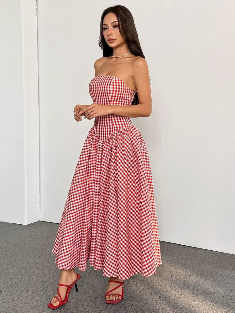 SHEIN PETITE Vestido formal de noche de línea A con hombros descubiertos a cuadros rojos, sin mangas, plisado, hasta el tobillo, para citas, vestido largo a cuadros, vestido de mujer para vacaciones, vestido de picnic, Día de San Valentín - Rojo - Añade 10