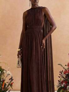 Zivah 2026 春季新款音乐节、复活节、西部风、游牧风、生日派对、日常休闲百搭斗篷连衣裙，采用弹力针织面料、弹力腰带、亮面雪纺、露背荷叶边下摆和褶皱面料，深棕色长款连衣裙 - 咖啡棕 - 查看 10