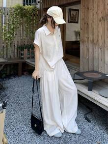 DAZY 2件套女士简约复古硬币刺绣Polo领宽松亚麻上衣套装家居服短套装 - 杏色 - 查看 8