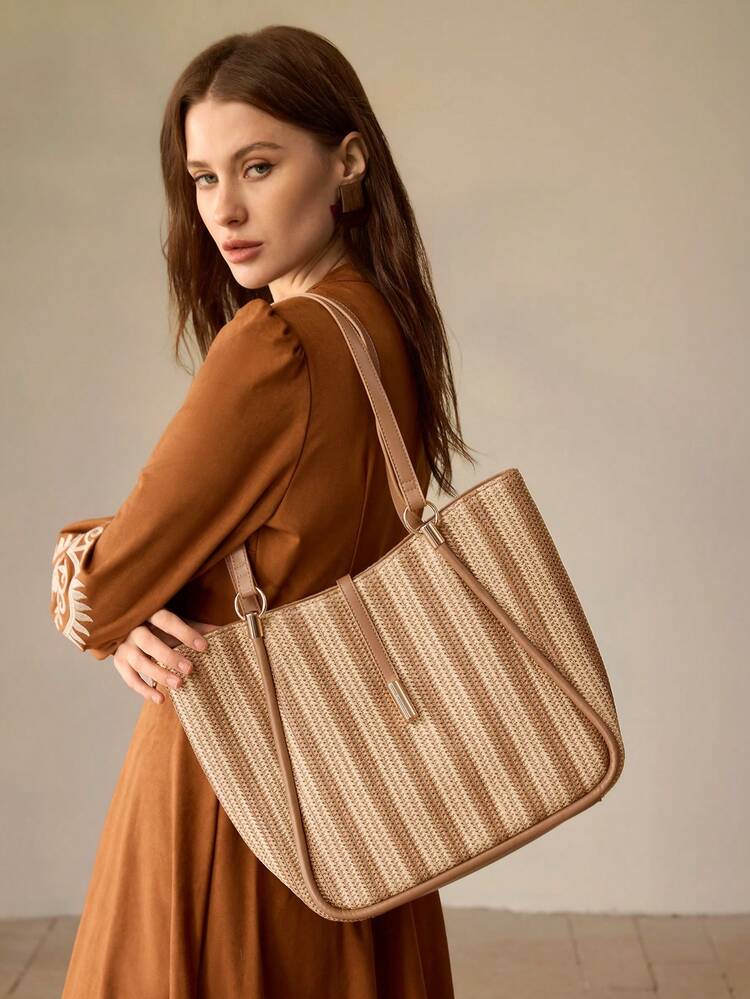 WOMEN PU LEATHER IRONMONGERY DETAIL TOTE BAG