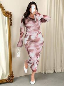 Firerie Robe droite élégante et décontractée pour les vacances, avec imprimé tie-dye, froncée, en maille élastique et à manches volantées. Convient pour le printemps, l'été, l'automne et l'hiver. Tailles plus - Multicolore - Voir 4