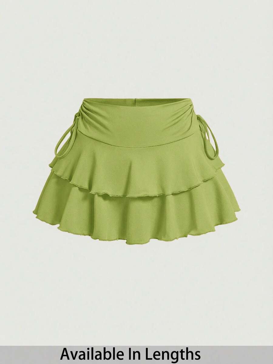 SHEIN PETITE CURVE Váy xòe màu trơn với chi tiết dây rút và xếp ly. - màu xanh lá - Xem 1