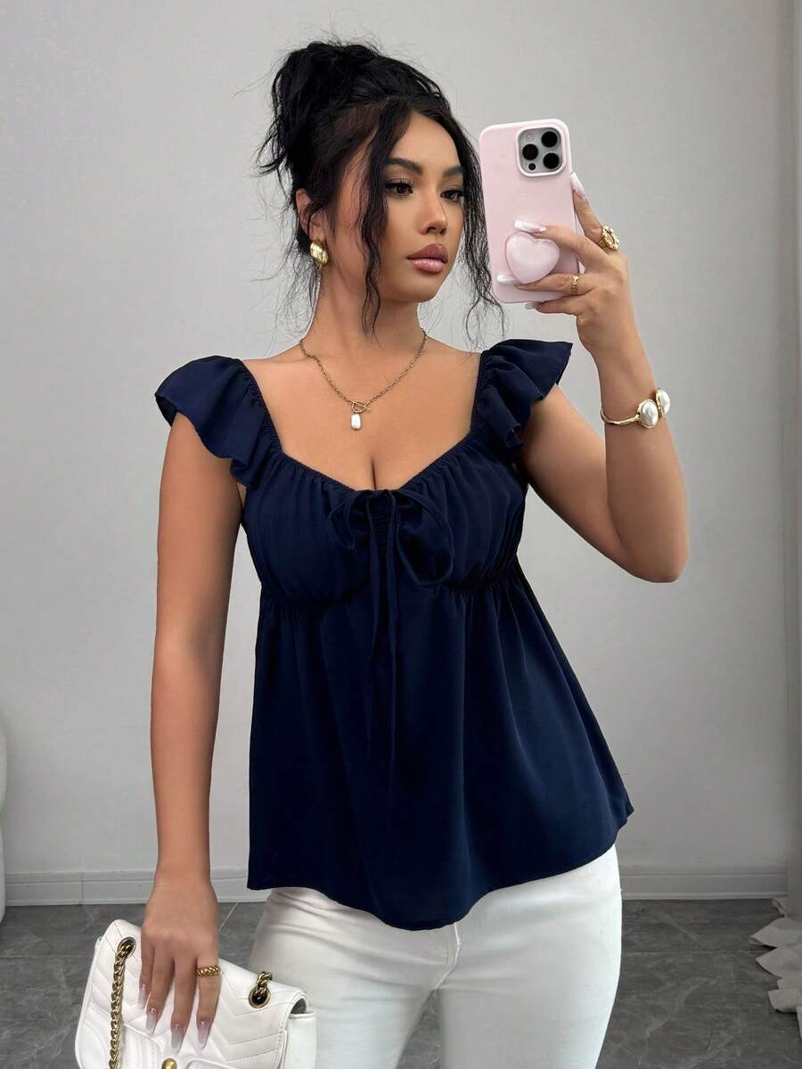 Rafferiza Women's Elegant Fashionable Sleeveless Top With Flare Sleeves, Chest Cup, Drawstring, Ruched, Bow Design, Suitable For Spring/Summer Vacation - Navy Blue - View 1