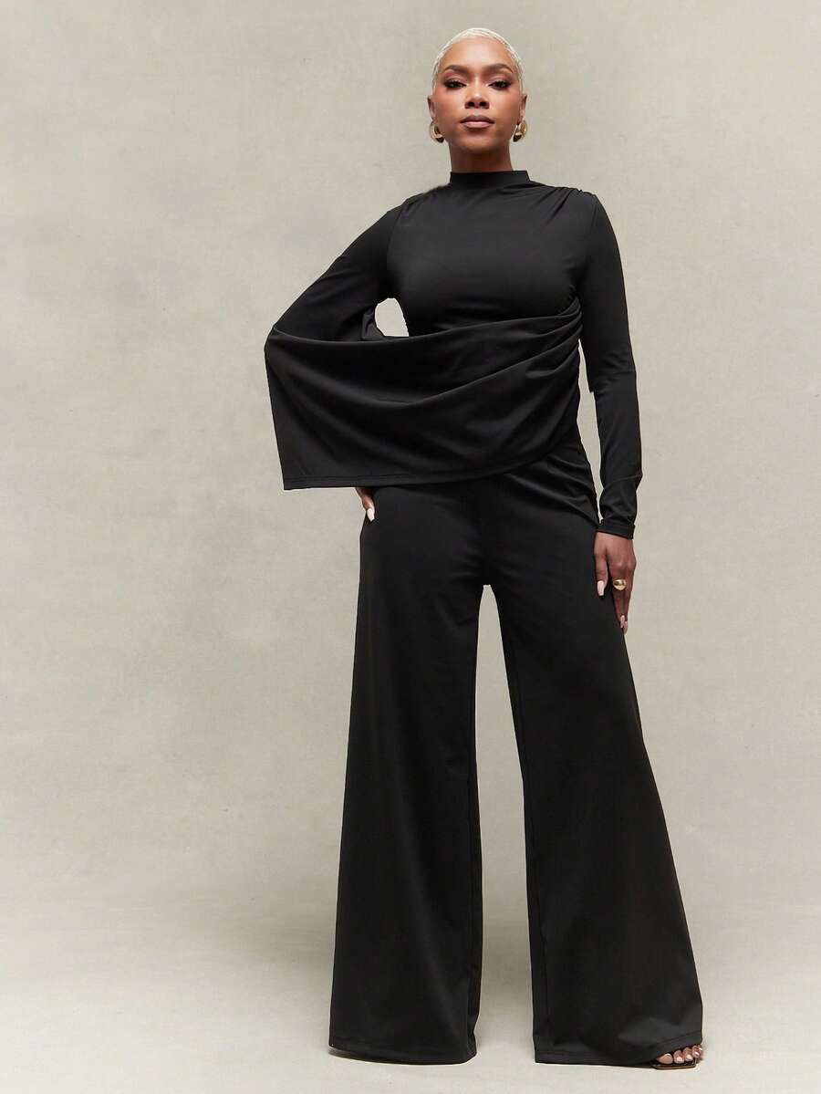 Vixey Plum Solid Jersey One Shoulder Draped Wide Leg Jumpsuit - Black - View 1
