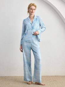 Ocili 舒适纯棉条纹女士睡衣套装 - 藍色 - 查看 2