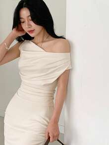 DAZY Women's Wrap Draped Neck Mermaid Hem Skirt 2 Pieces Set - Beige - View 6