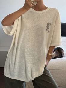 DAZY Women's Summer Round Neck Short Sleeve Sheer Printed Loose Casual Street T-Shirt Graphic Tees Women - Apricot - View 3