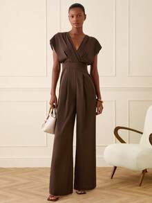 Lilora 女士优雅V领褶皱阔腿连体裤 - 摩卡棕 - 查看 3