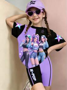 Set di maglietta grafica e pantaloncini da ciclista per ragazze, stile casual di primavera, estate e autunno, con design creativo e personalizzato, stile fresco e minimalista, con elementi come sfumature, glitter, pentagrammi, pois e righe in viola e nero, comodo e adatto per outfit sportivi quotidiani estivi e autunnali - Multicolore - Visualizzare 3