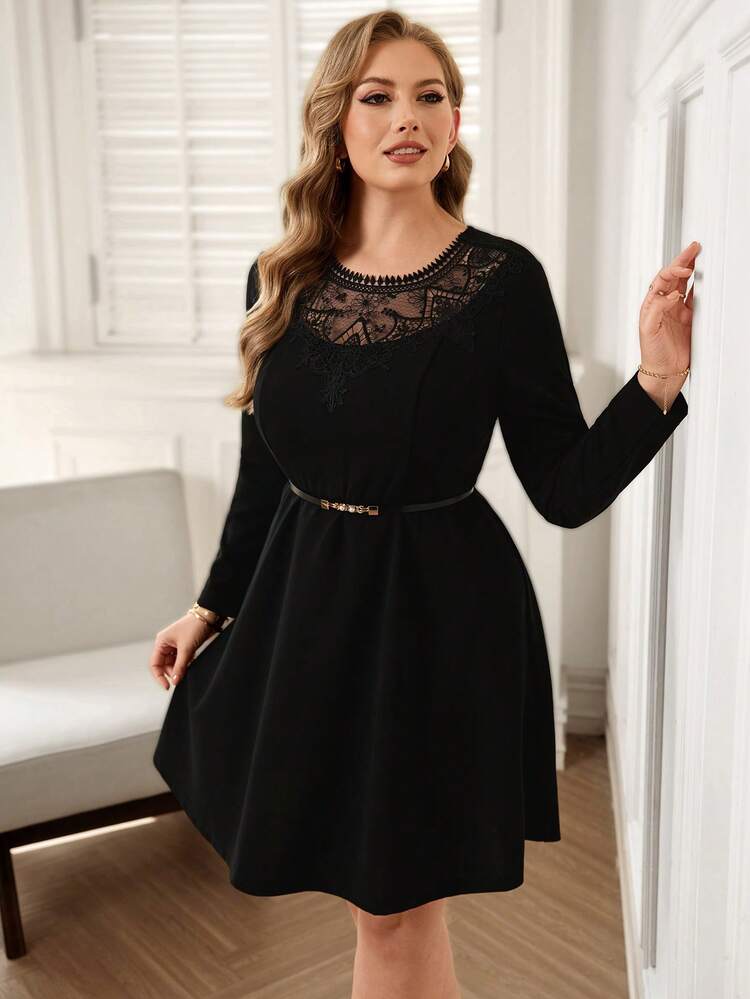 Plus Size Elegant Black Lace Patchwork Dress,Wedding Guest Dress For Women Plus Size Black Elegant Dress Long Sleeve Elegant Dress Black Elegant Dress Curve Women Plus Dress