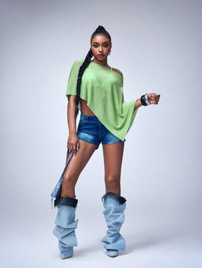 Y2Kool BiGraphic Top de punto calado, top versátil para mujer de otoño e invierno, top de murciélago, top de poncho de malla, top sexy de otoño