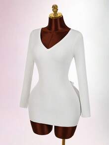 Amplova Women's Backless Bowknot Mini Long Sleeve Dress, Red Sexy Sweater Suitable For Dates, Valentine's Day Parties, Casual Everyday Wear White Bow Dress White Sexy Outfit White Dress Long Sleeve White Club Dress Summer Clothes Women - White - View 4