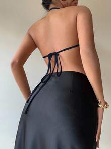 Aloruh Sexy Halter Backless Satin Women Camisole,Summer Top - Navy Blue - View 2