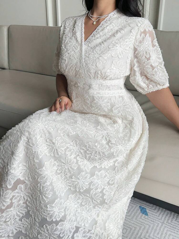 Dazy Plus Plus Size Elegant Solid Color Textured Waist Cinched Puff Sleeve Dress, Summer Sun Dresses For Women