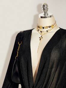 SHEIN ICON Plus Size Women's Gold Plunging Neck Mini Party Dress Black See Through Dress - Black - View 5