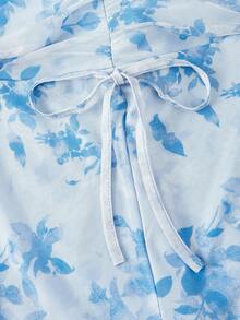 SHEIN MOD 两件套女士优雅印花喇叭袖上衣和鱼尾裙套装 - 藍色 - 查看 3