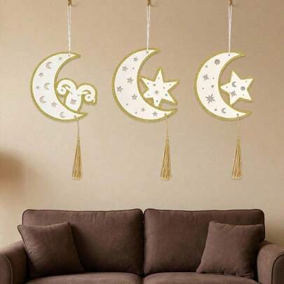 Cirelle Wooden Star Moon Wall Hanging With Cutout Design Fringe Embellishment Ramadan Holiday Decor Party Supplies Must Haves