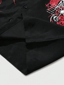 ROMWE MEN Men's Gothic Thorn & English Text Print Short Sleeve Shirt With Detachable Necktie, Spring/Summer - Black - View 7