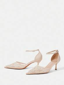 CUCCOO HITCHD 女士鞋履春夏新款珍珠刺绣尖头细跟搭扣6.5cm高跟鞋优雅网面拼接纯色通勤约会婚礼伴娘鞋 - 米色G - 查看 3