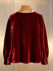 SHEIN LUNE Women's Velvet Burgundy Red Blouse,Autumn Elegant V-Neck Long-Sleeved Top With Pearl Embellishments,Relaxed Fit For Dining,Parties & Casual Commuting - Red - View 2