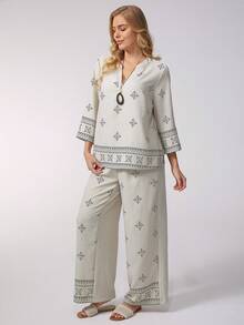 Parysyn 大号梭织印花休闲度假两件套 - 杏色 - 查看 4