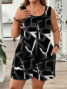 EMERY ROSE Plus Size Women Casual Minimalist All-Over Print Pocket Loose Romper - Multicolor - View 3