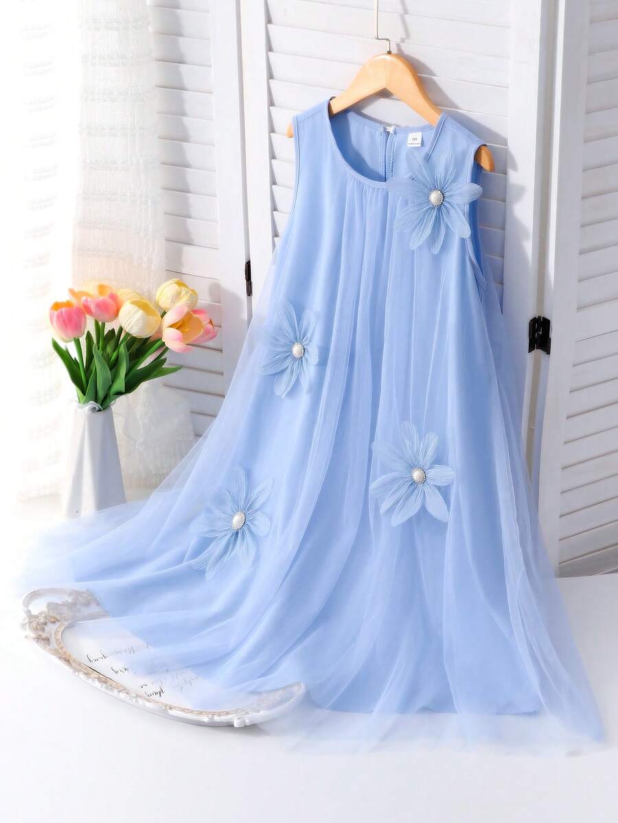 SHEIN Đầm lưới thời trang thanh lịch viền bèo nhún đính ngọc trai cho bé gái