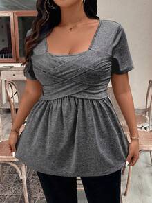 SHEIN CURVE+ 大码百搭短袖时尚修身通勤T恤 - 灰色 - 查看 5