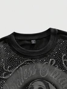 ROMWE MEN Street Life Camiseta de manga larga de cuello redondo con estampado gráfico y adornos de rhinestone para hombre, adecuada para uso diario, primavera/verano - Negro - Ver 3