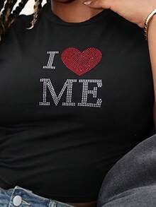 Steph T Women's Casual Minimalist Rhinestone Decor Slogan Letter Print Short Sleeve Round Neck T-Shirt, Suitable For Summer - Black - View 4