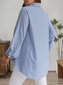 EMERY ROSE Áo sơ mi tay phồng kẻ sọc dáng rộng dành cho nữ cỡ lớn, thích hợp mặc mùa thu, đi nghỉ mát. - Màu xanh lam - Xem 2