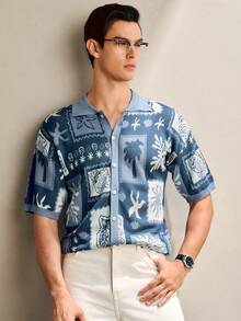Manfinity Homme 男士椰树图案 Polo 领纽扣短袖针织衫 男士度假装 蓝色印花衬衫 男士度假服装 男士衬衫 男士夏威夷衬衫 男士波西米亚风衬衫 男士度假套装 印花 - 彩色 - 查看 6