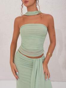 juhmazzocco 2pcs/Set Summer Solid Pink Cropped Ruched Camisole & Low Waisted Ruched Flowy Midi Skirt, Beach Holiday Outfit, Bohemian Backless Dress, Women's Music Festival Attire, Bridesmaid 2 Pieces Set - Mint Green - View 6