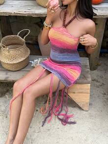 Sunnyshic Đầm dệt kim cổ yếm đính hạt, kiểu dáng gợi cảm, đa năng, thích hợp cho kỳ nghỉ của phụ nữ. - Nhiều màu - Xem 5