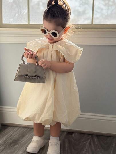 DAZY Toddler Girls' Solid Color Bow Decor Puff Sleeve Casual Korean Style Dress