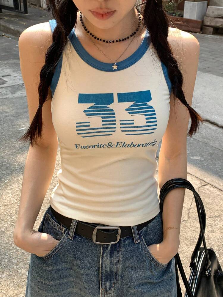 Women's Contrast Color Korean Style Letter Graphic Retro Tank Top