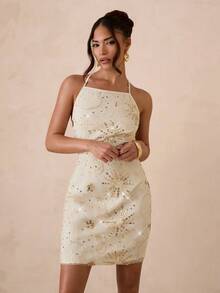 SHEIN Glamour 亮片面料设计，时尚露背剪裁，性感优雅，收腰设计，引人注目的春夏连衣裙 - 米色 - 查看 5