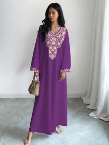 SHEIN Najma 女士复古花卉数码印花V领长袖优雅阿拉伯连衣裙，春秋季 - 彩色 - 查看 4