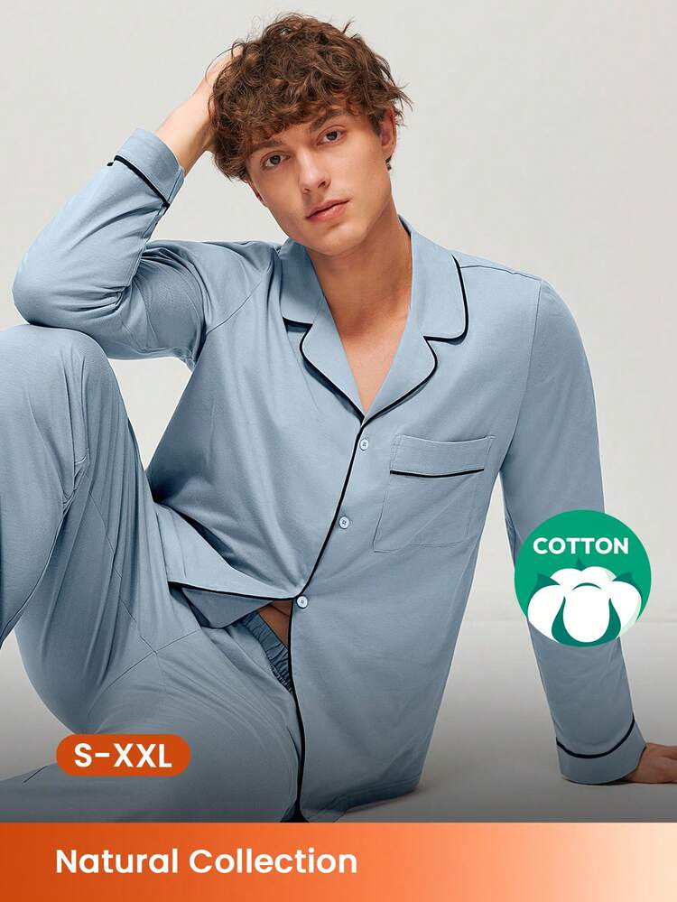 春夏 100%コットン スカイブルー ベーシック ロングボタンアップトップ&パンツ パジャマセット メンズ ラウンジウェア ポケット付きパンツ パジャマ