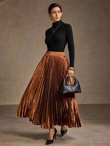 MOTF PREMIUM FALDA VINTAGE DE MUJER DE CINTURA ALTA CON PLIEGUES EN FORMA DE A, CINTURA ELÁSTICA, COLOR DORADO METÁLICO - Óxido marrón - Ver 6