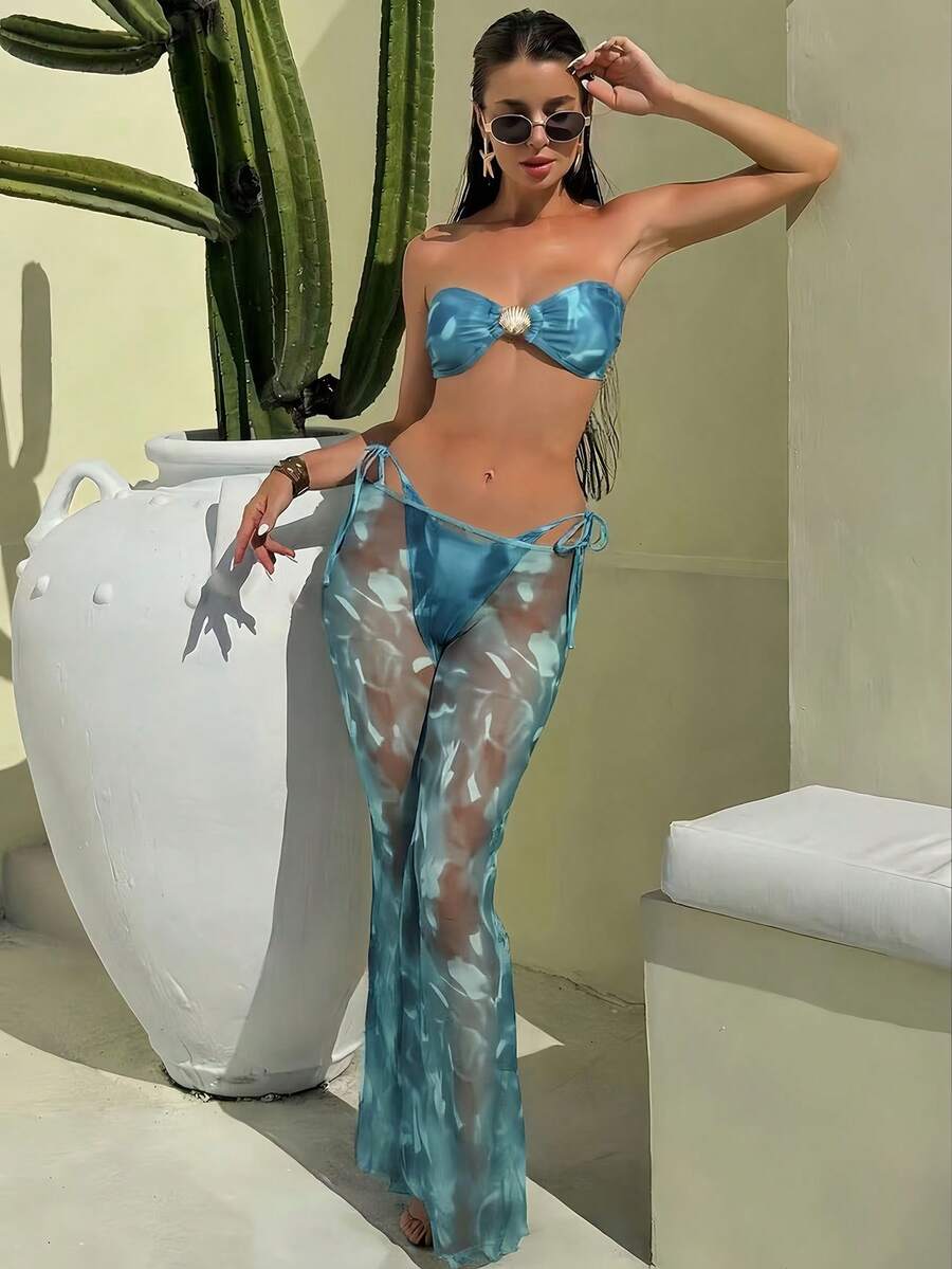 Bonvoyette Women's Tie Dye Green Spaghetti Strap Sexy Halter 3 PiecesBikini Swimwear, Suitable For Vacation And Beach - Dark Green - View 1