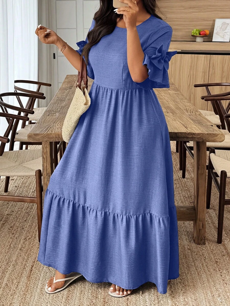 Weeklong Plus Size Casual Solid Color Bow Decor Dress - Blue - View 1