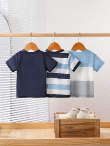 SHEIN 3 Pack Baby Boy Clothes Toddler Boy Outfits Casual Fashion Striped Letter Graphic Tee Short Sleeve Round Neck Soft Thick Fabric Tops Shirts T-Shirts Clothes Sets For Summer Spring Vacation Daily - Multicolor - View 2
